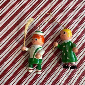 Vintage Wooden Christmas Ornaments Boy & Girl Hand-Painted Holiday Figurines